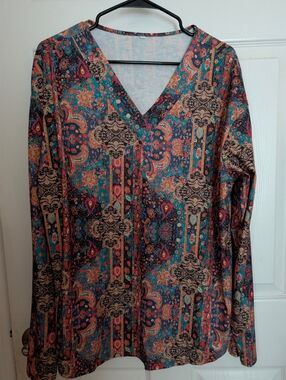 Boho V-Neck Tunic Top in Teal & Coral Paisley